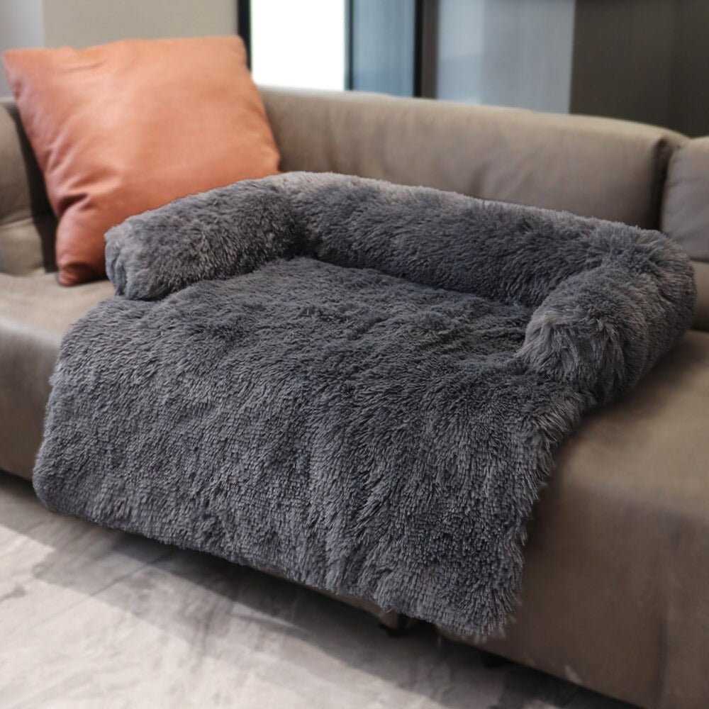 PupCouch Bolster Dog Bed — Plush Faux Fur with Built-In Cushion, Machine Washable Cover