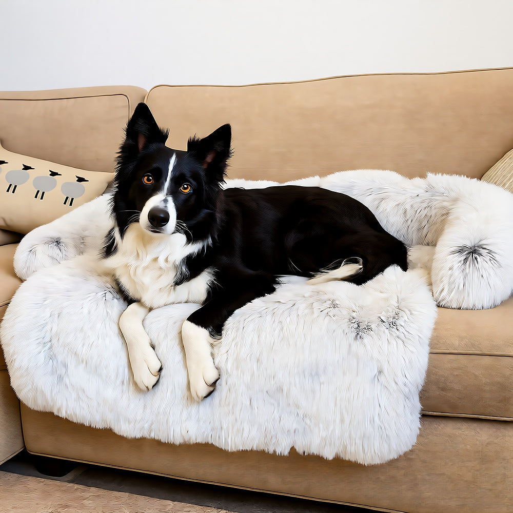 PupCouch Bolster Dog Bed — Plush Faux Fur with Built-In Cushion, Machine Washable Cover