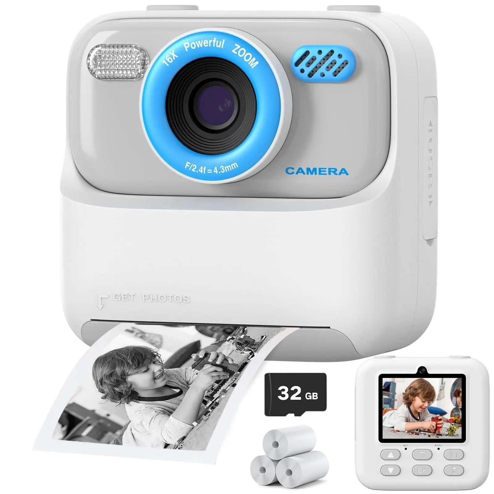 Kids Instant Print Camera — 1080p Dual Lens, 2.4" Screen, Thermal Printing, 32GB Card Included