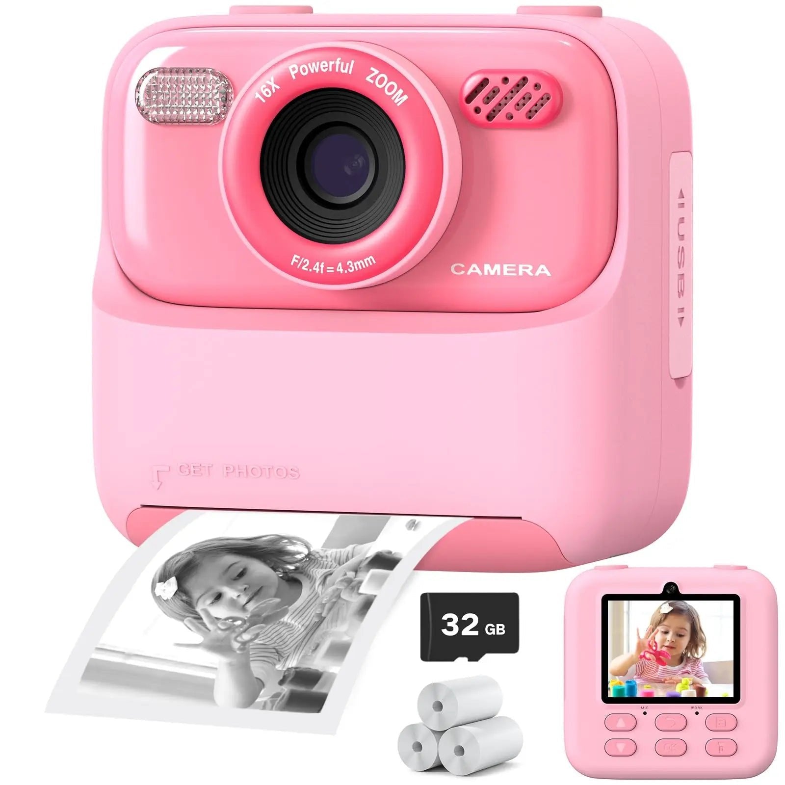 Kids Instant Print Camera — 1080p Dual Lens, 2.4" Screen, Thermal Printing, 32GB Card Included