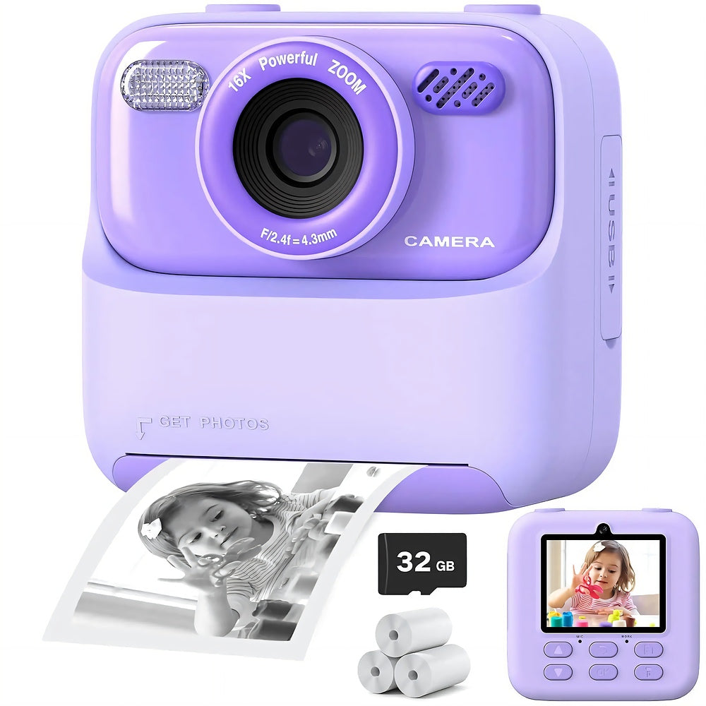 Kids Instant Print Camera, 1080p, Dual Lens, 2.4-inch Screen, 32GB Card Included