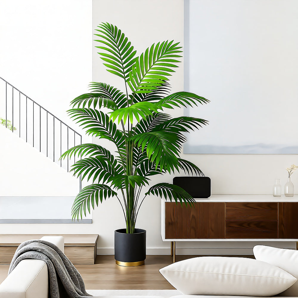 Faux Palm Tree — 47" Silk-Leaf Tropical Plant, 24 Leaves, Indoor/Outdoor Decor