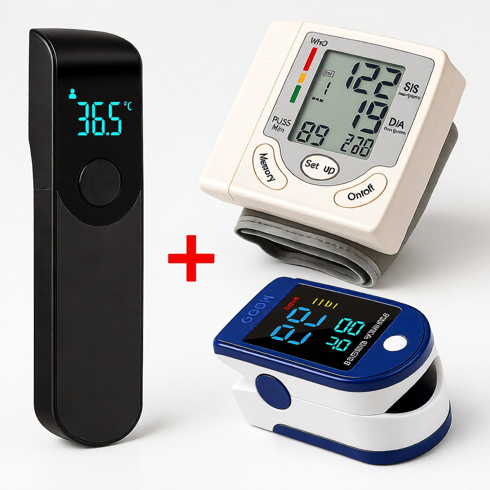 3-in-1 Home Health Monitor Kit — Wrist Blood Pressure Monitor, Pulse Oximeter & Forehead Thermometer