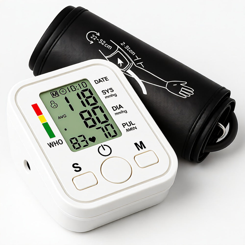 Electronic Upper Arm Blood Pressure Monitor — Backlit LCD, 2 Users × 198 Readings, Adjustable Cuff
