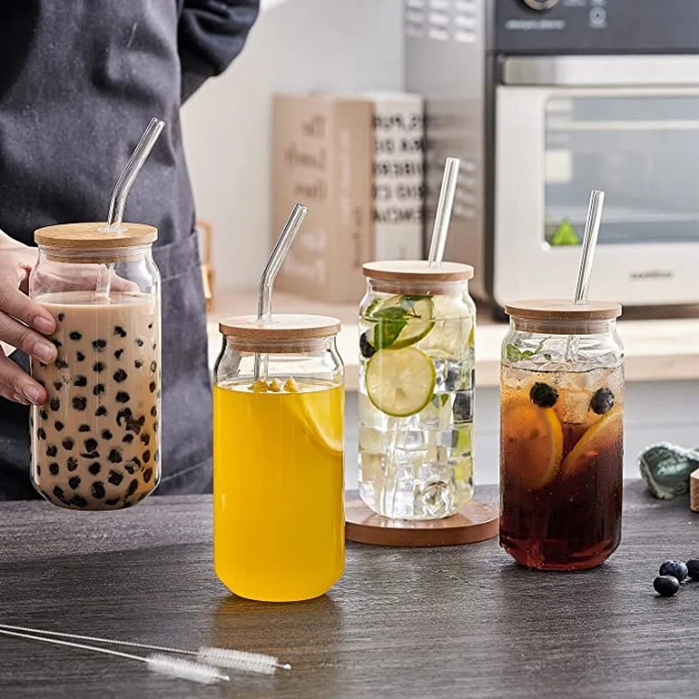 Bamboo Lid Glass Tumbler — 6" Borosilicate To-Go Cup with Glass Straw for Coffee & Tea