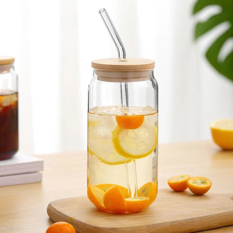 Bamboo Lid Glass Tumbler — 6" Borosilicate To-Go Cup with Glass Straw for Coffee & Tea