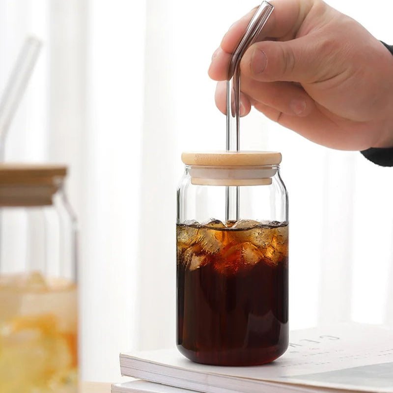 Bamboo Lid Glass Tumbler — 6" Borosilicate To-Go Cup with Glass Straw for Coffee & Tea