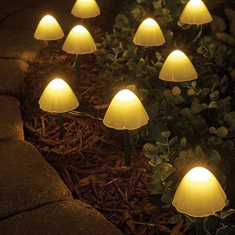 Solar Mushroom Garden Lights — 10 LED String on 11 ft, Dusk-to-Dawn, IP65, Ground Stakes