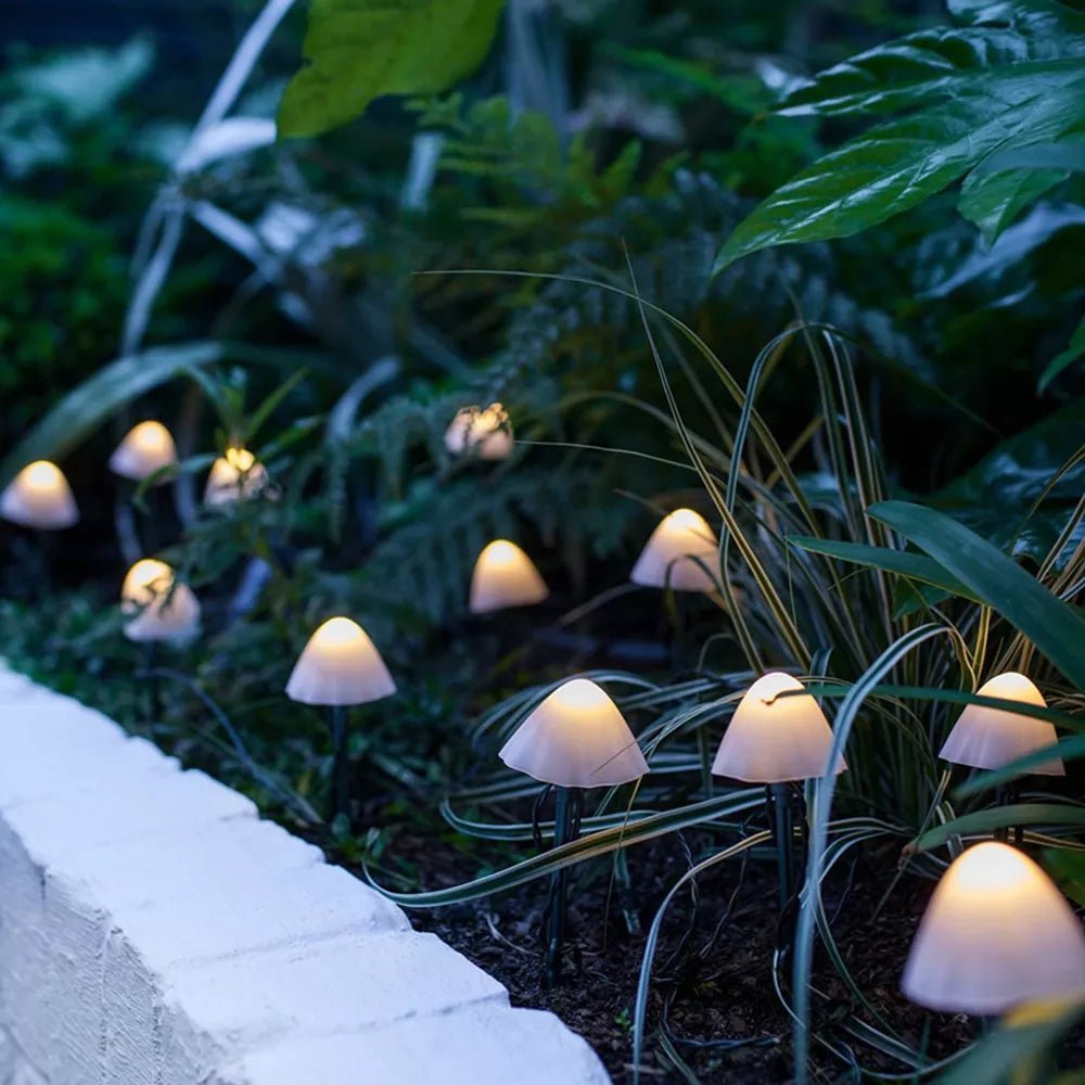 Solar Mushroom Garden Lights — 10 LED String on 11 ft, Dusk-to-Dawn, IP65, Ground Stakes