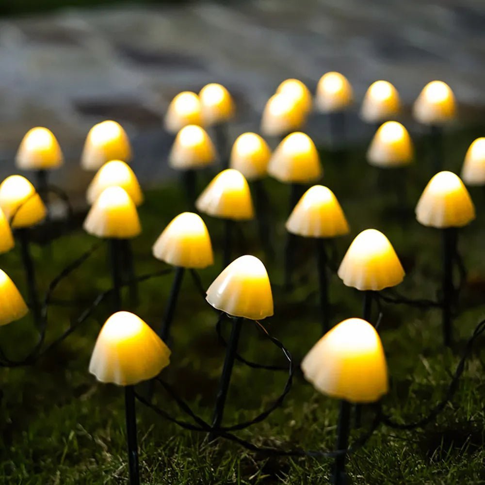 Solar Mushroom Garden Lights — 10 LED String on 11 ft, Dusk-to-Dawn, IP65, Ground Stakes