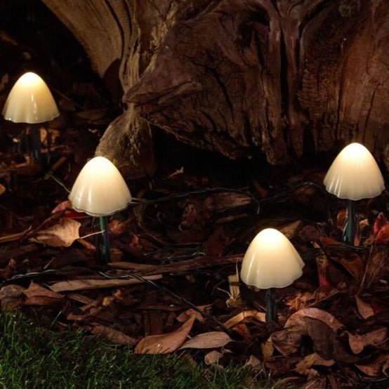 Solar Mushroom Garden Lights — 10 LED String on 11 ft, Dusk-to-Dawn, IP65, Ground Stakes