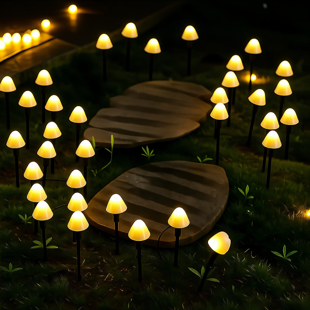 Solar Mushroom Garden Lights — 10 LED String on 11 ft, Dusk-to-Dawn, IP65, Ground Stakes