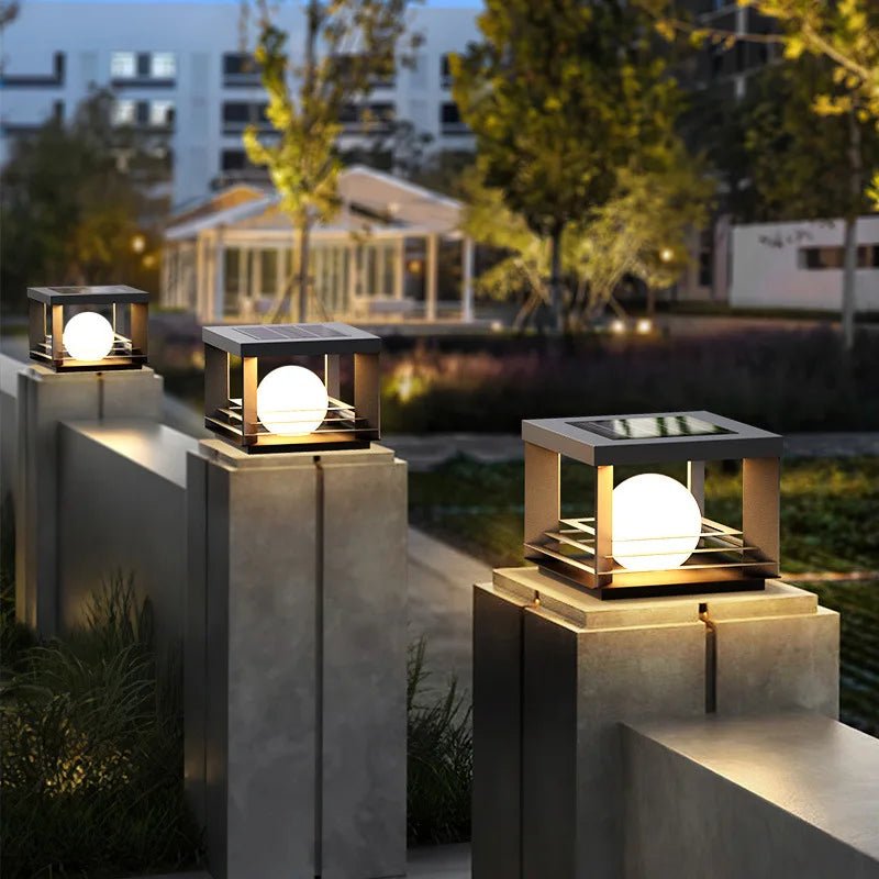 Solar Pillar Lamp — Brushed Nickel LED with Remote & Dimming, Dusk-to-Dawn, Outdoor