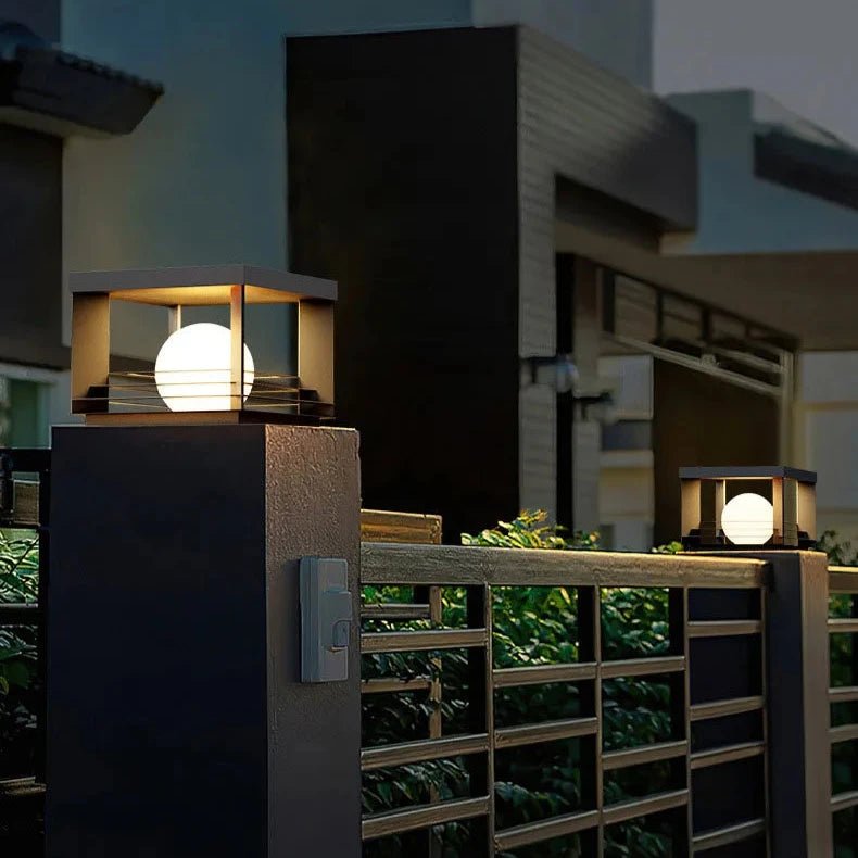 Solar Pillar Lamp — Brushed Nickel LED with Remote & Dimming, Dusk-to-Dawn, Outdoor