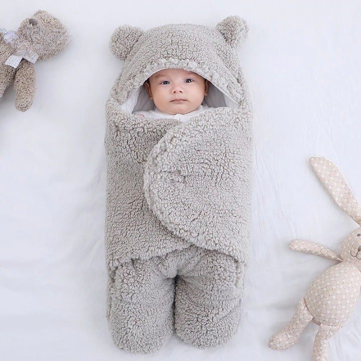Baby Swaddle Sleep Sack — Fleece-Lined 2-Leg Winter Wrap with Hood, Soft Cotton, 0–9 Months