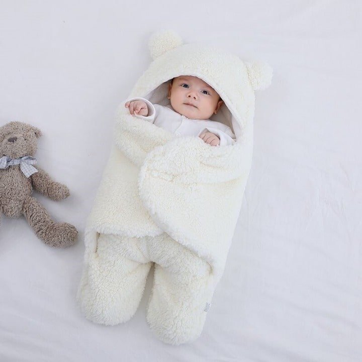 Baby Swaddle Sleep Sack — Fleece-Lined 2-Leg Winter Wrap with Hood, Soft Cotton, 0–9 Months