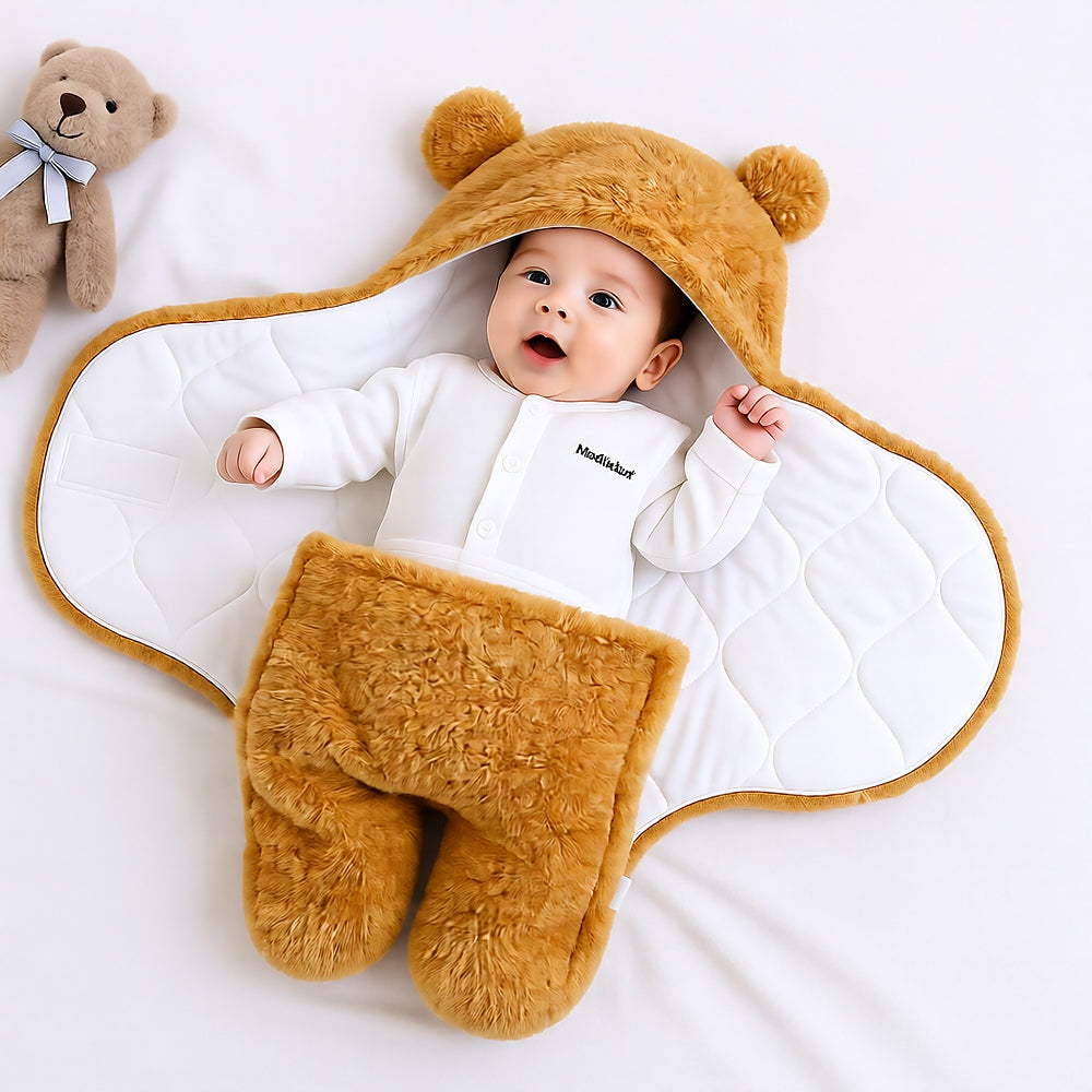 Baby Swaddle Sleep Sack — Fleece-Lined 2-Leg Winter Wrap with Hood, Soft Cotton, 0–9 Months