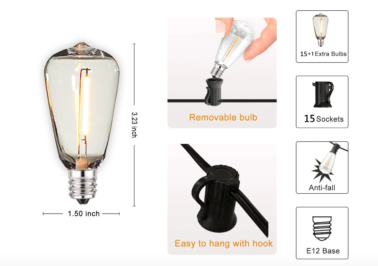 Outdoor String Lights — 15 Shatterproof Bulbs, 33 ft, Dimmable, IP44, Plug-In