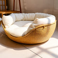 Handwoven Rattan Basket Dog Bed — Reversible Cotton Cushion, Washable, Small to Medium Dogs