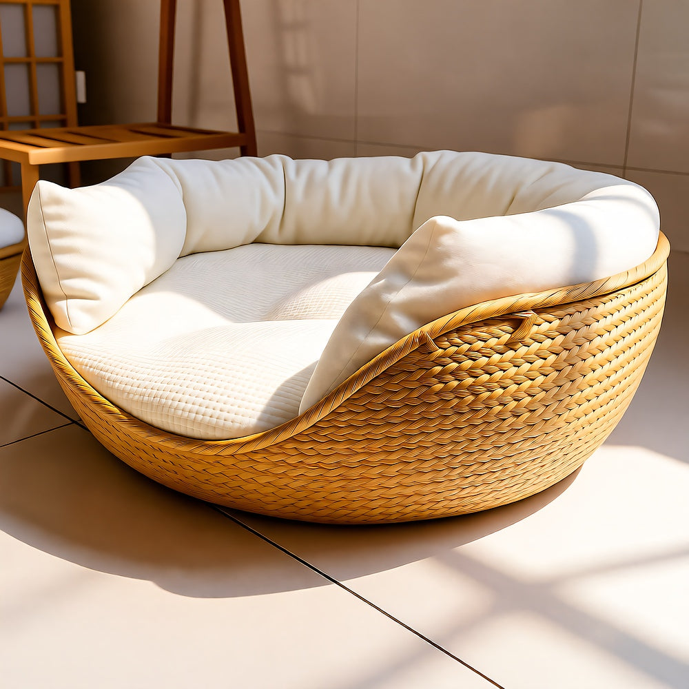 Handwoven Rattan Basket Dog Bed — Reversible Cotton Cushion, Washable, Small to Medium Dogs