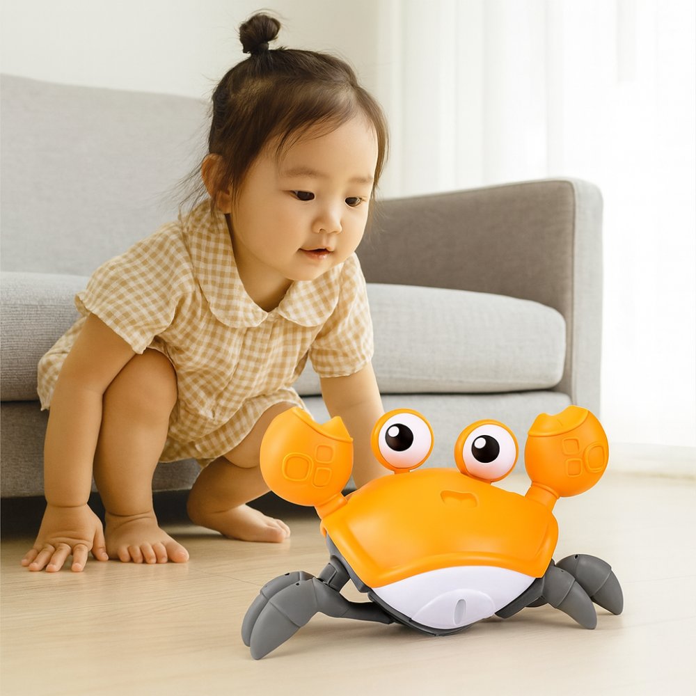 Baby Crawling Crab Toy — Musical LED Sensory Toy with Obstacle Avoidance, USB Rechargeable, 0–12 Months