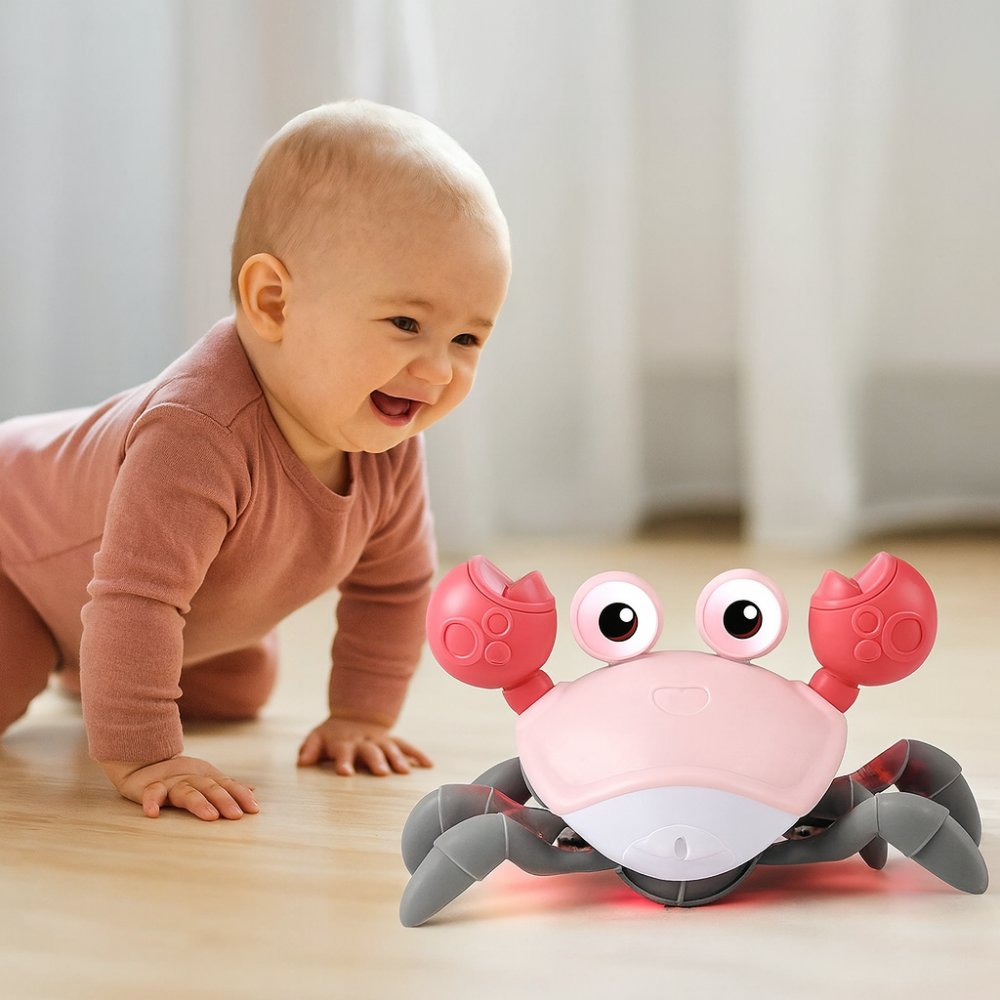 Baby Crawling Crab Toy — Musical LED Sensory Toy with Obstacle Avoidance, USB Rechargeable, 0–12 Months