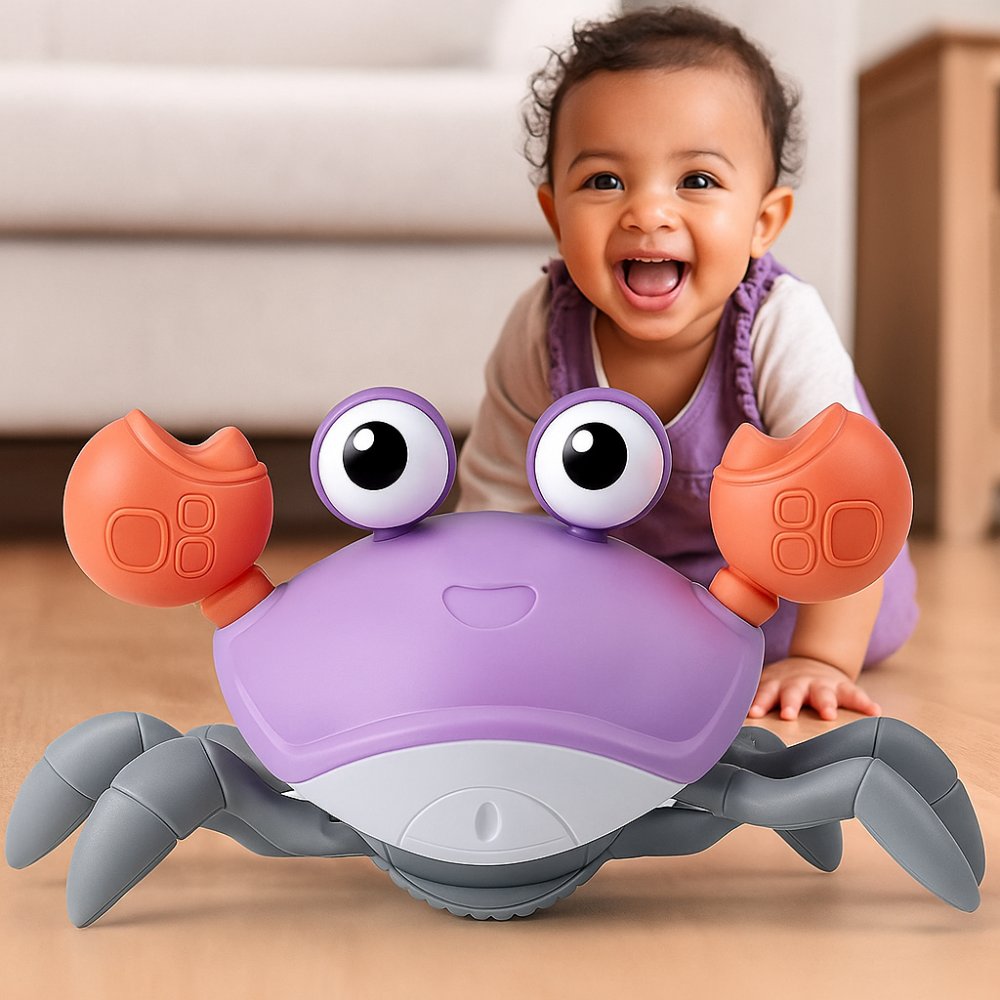 Baby Crawling Crab Toy — Musical LED Sensory Toy with Obstacle Avoidance, USB Rechargeable, 0–12 Months