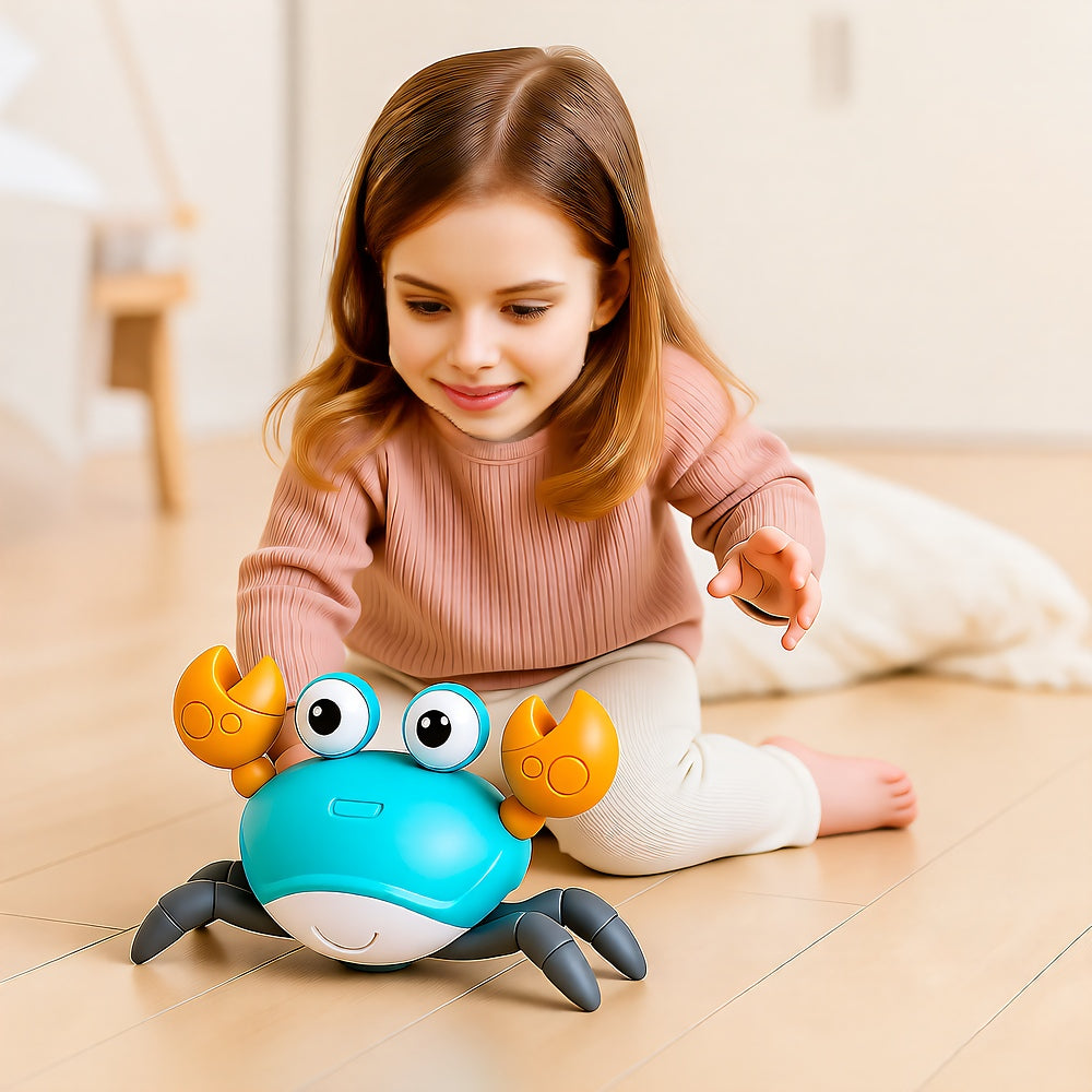 Baby Crawling Crab Toy — Musical LED Sensory Toy with Obstacle Avoidance, USB Rechargeable, 0–12 Months