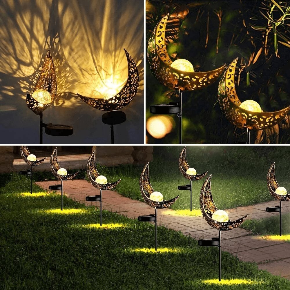 Half-Moon Solar Garden Light — Iron & Glass Pathway Stake Light, IP55 Weather-Resistant