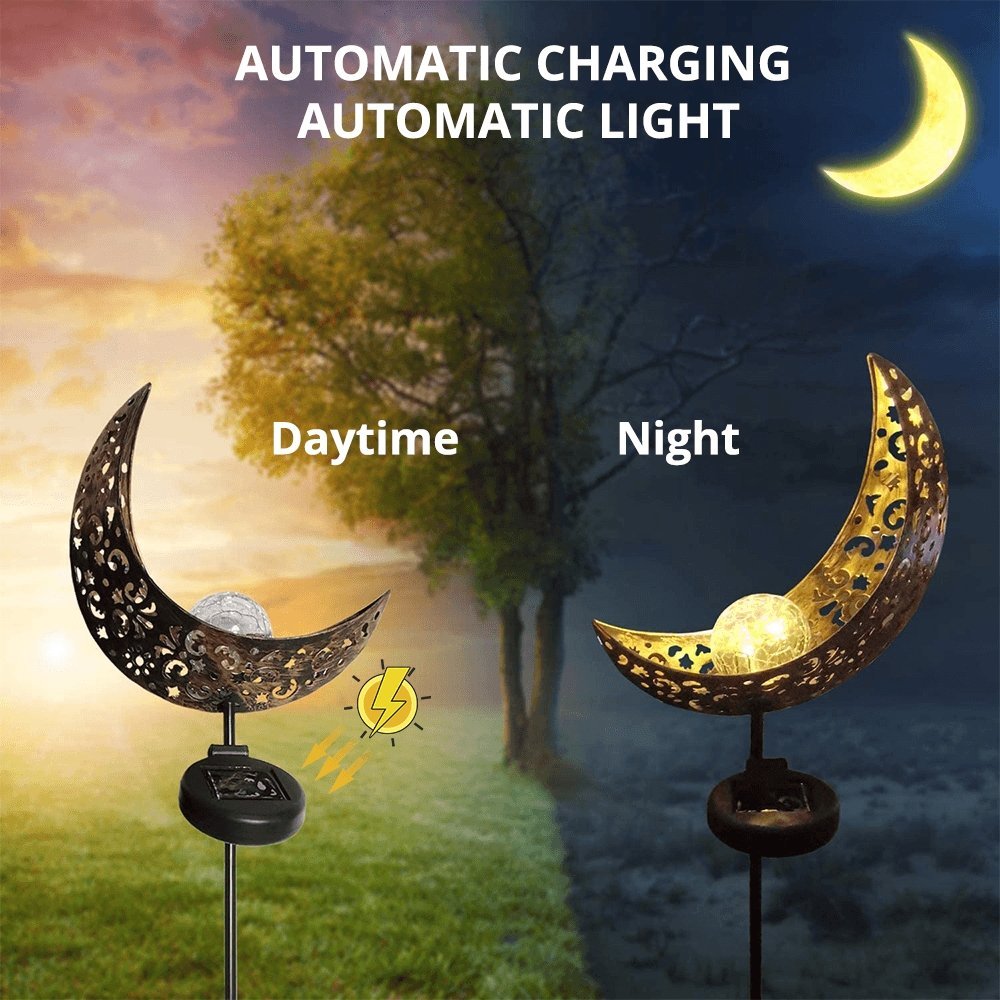 Half-Moon Solar Garden Light — Iron & Glass Pathway Stake Light, IP55 Weather-Resistant