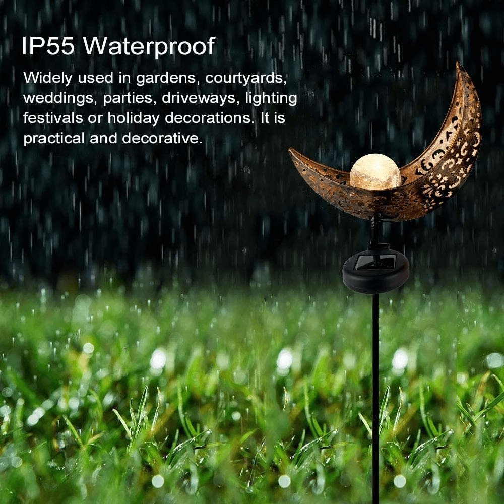 Half-Moon Solar Garden Light — Iron & Glass Pathway Stake Light, IP55 Weather-Resistant