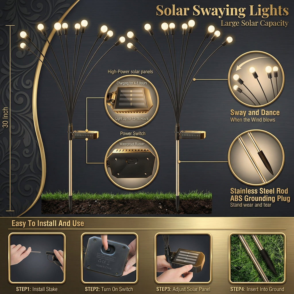 Solar Swaying Garden Lights — 30" Dusk-to-Dawn LED Stakes with Gentle Motion, IP65