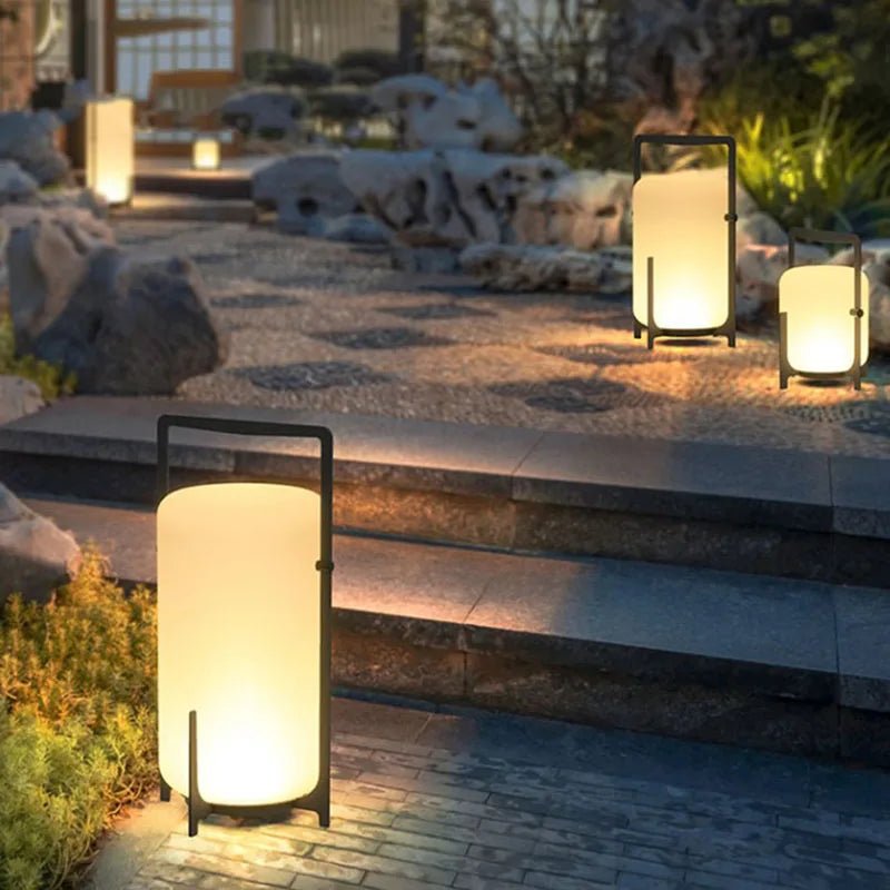 Solar Akari Lamp — Sculptural Carbon Steel & Glass Garden Light, Dusk-to-Dawn, IP65