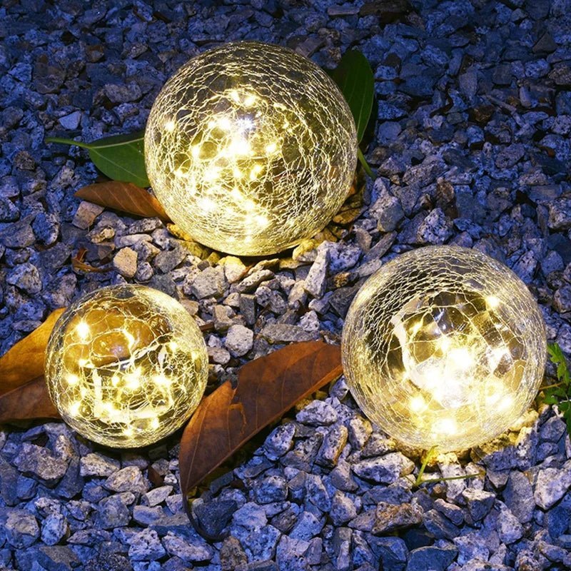 Solar Cracked Glass Globe Light — Warm LED Garden Accent, Dusk-to-Dawn, IP65, Ground Stake