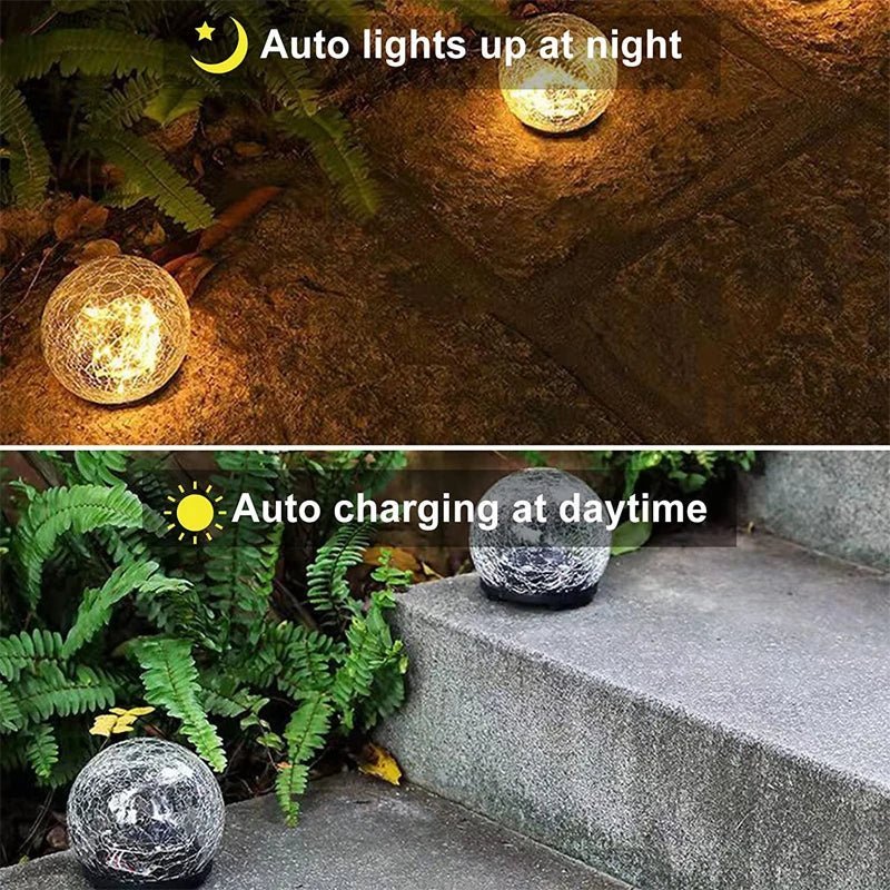 Solar Cracked Glass Globe Light — Warm LED Garden Accent, Dusk-to-Dawn, IP65, Ground Stake