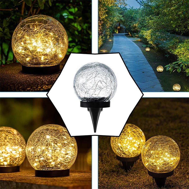 Solar Cracked Glass Globe Light — Warm LED Garden Accent, Dusk-to-Dawn, IP65, Ground Stake