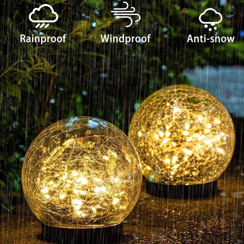 Solar Cracked Glass Globe Light — Warm LED Garden Accent, Dusk-to-Dawn, IP65, Ground Stake