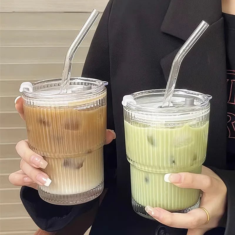 Ribbed Glass To-Go Cup — Borosilicate with Lid & Reusable Straw, Two Sizes