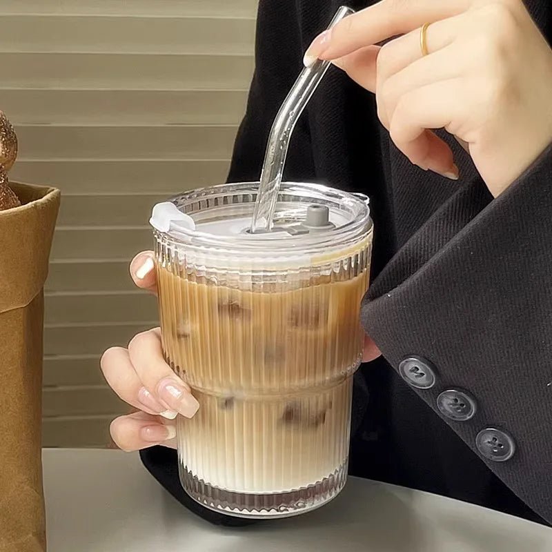 Ribbed Glass To-Go Cup — Borosilicate with Lid & Reusable Straw, Two Sizes