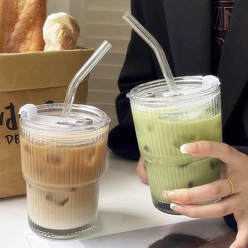 Ribbed Glass To-Go Cup — Borosilicate with Lid & Reusable Straw, Two Sizes