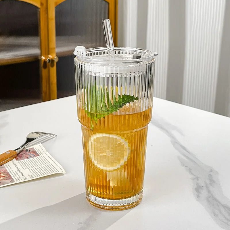 Ribbed Glass To-Go Cup — Borosilicate with Lid & Reusable Straw, Two Sizes