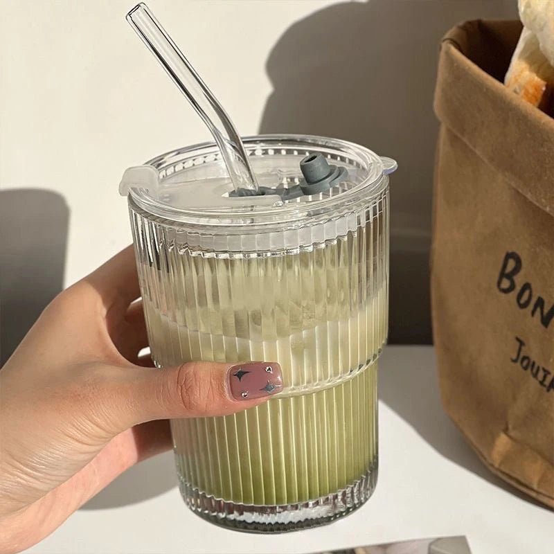 Ribbed Glass To-Go Cup — Borosilicate with Lid & Reusable Straw, Two Sizes