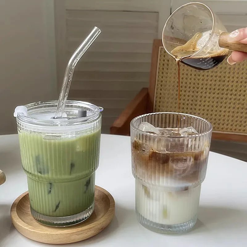 Ribbed Glass To-Go Cup — Borosilicate with Lid & Reusable Straw, Two Sizes
