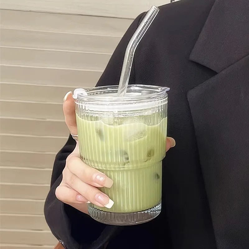 Ribbed Glass To-Go Cup — Borosilicate with Lid & Reusable Straw, Two Sizes