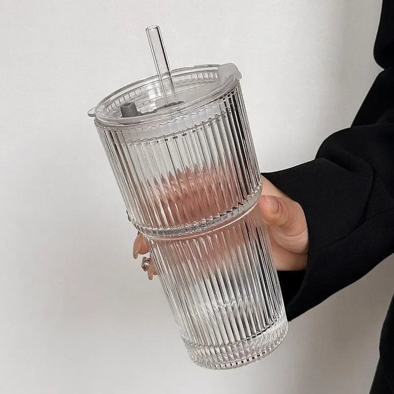 Ribbed Glass To-Go Cup — Borosilicate with Lid & Reusable Straw, Two Sizes