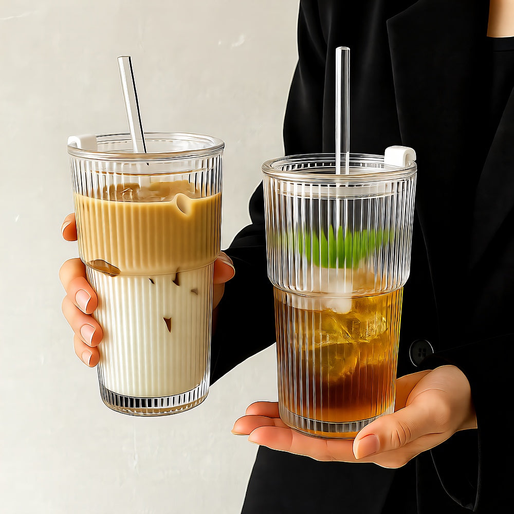 Ribbed Glass To-Go Cup — Borosilicate with Lid & Reusable Straw, Two Sizes