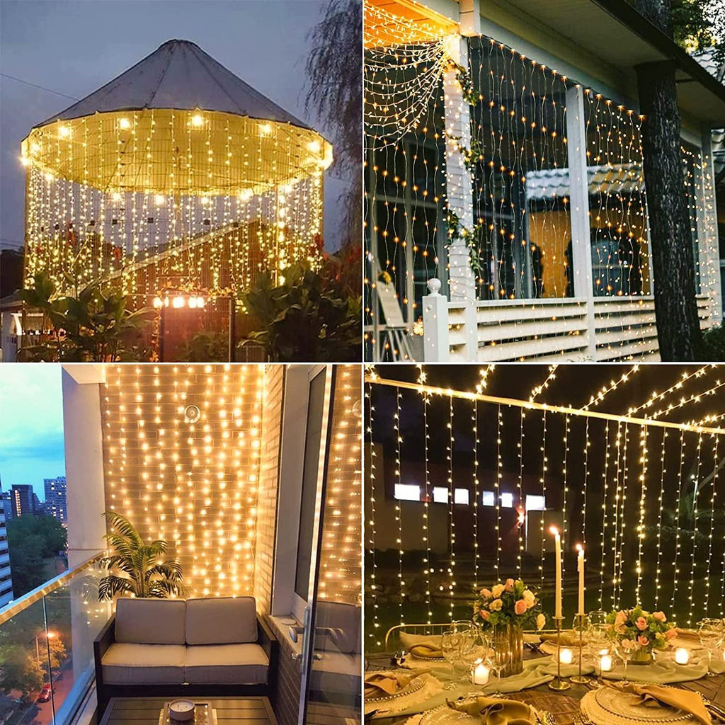 Solar Curtain Lights — 300 LED Glowing Backdrop, 7 × 10 ft, Dusk-to-Dawn, IP65