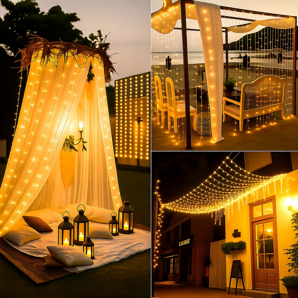 Solar Curtain Lights — 300 LED Glowing Backdrop, 7 × 10 ft, Dusk-to-Dawn, IP65