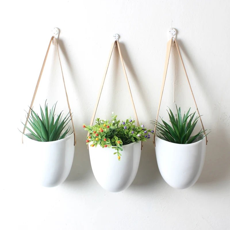 Ceramic Hanging Planters 3-Piece Set — Leather Straps & Brass Pins, Indoor/Outdoor