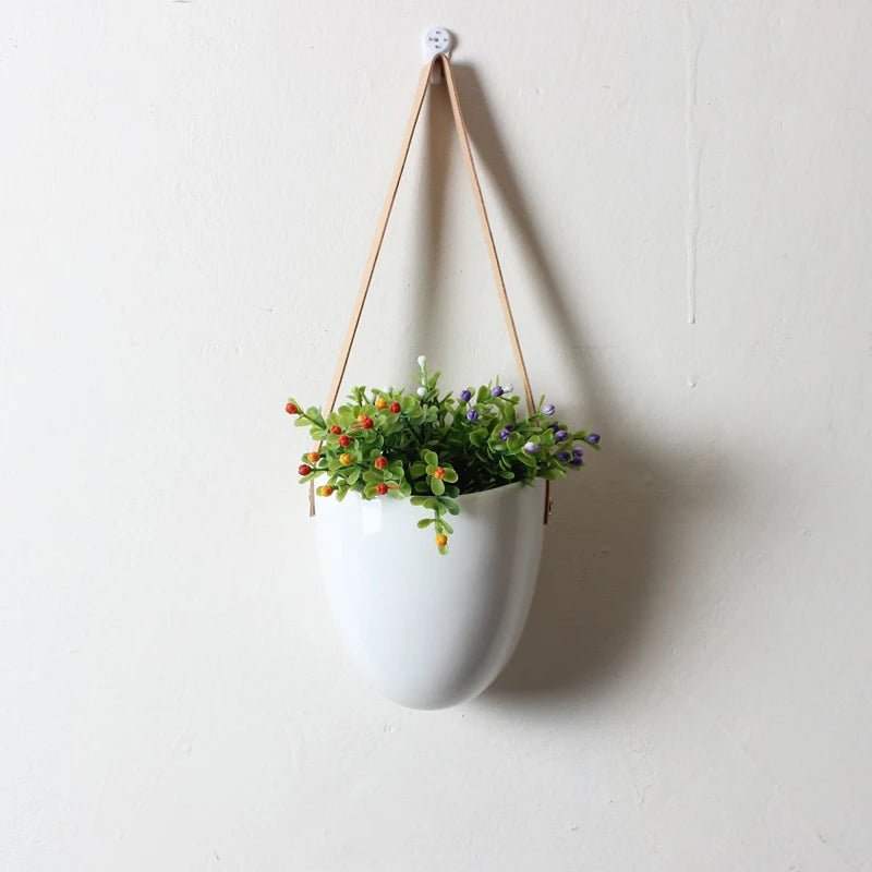 Ceramic Hanging Planters 3-Piece Set — Leather Straps & Brass Pins, Indoor/Outdoor